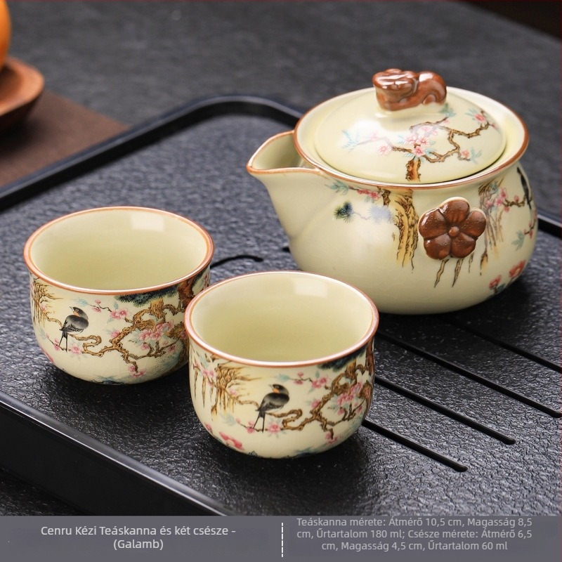 Ru Kiln kézben tartott teáskanna készlet fedő tál és két csészével – fehér porcelán