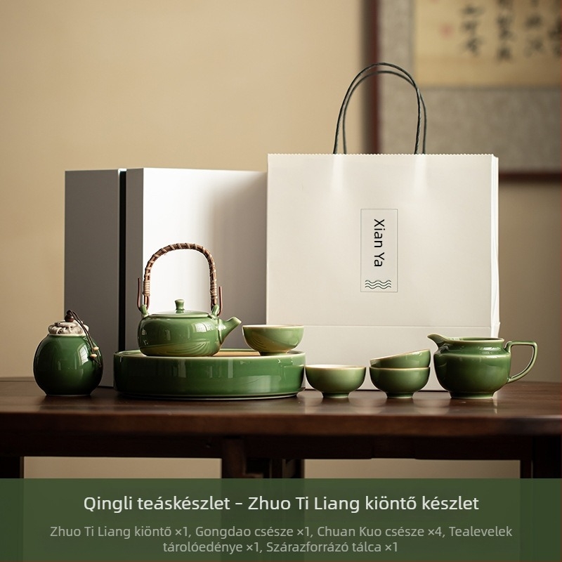 Japán stílusú porcelán teáskészlet zöld mázzal: teáskanna, teáscsészék és teás tálca, Kung Fu teáskészlet, kis otthoni használatra