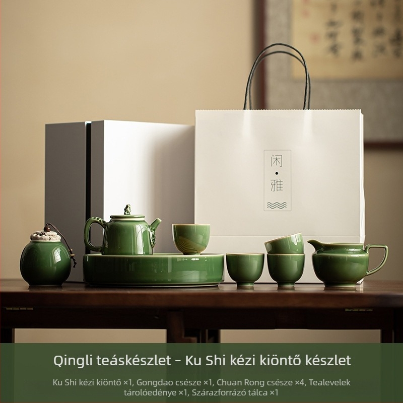 Japán stílusú porcelán teáskészlet zöld mázzal: teáskanna, teáscsészék és teás tálca, Kung Fu teáskészlet, kis otthoni használatra