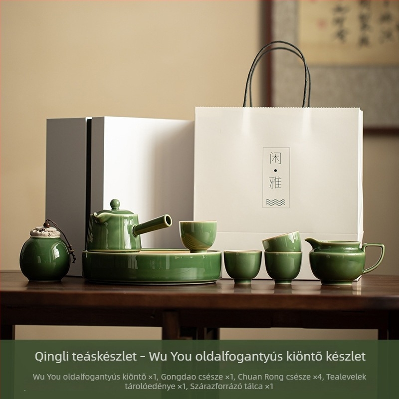 Japán stílusú porcelán teáskészlet zöld mázzal: teáskanna, teáscsészék és teás tálca, Kung Fu teáskészlet, kis otthoni használatra