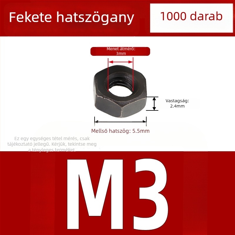 Nikkel bevonat külső hatszögletű anya, szénacélból, DIN 934, fekete felületkezelés, 4.8 erősségi osztály, M2–M5