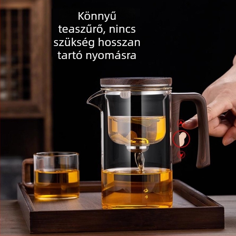 Üvegből készült teáskészlet, tea–víz elválasztással, mágneses szűrő és egyszerű használat