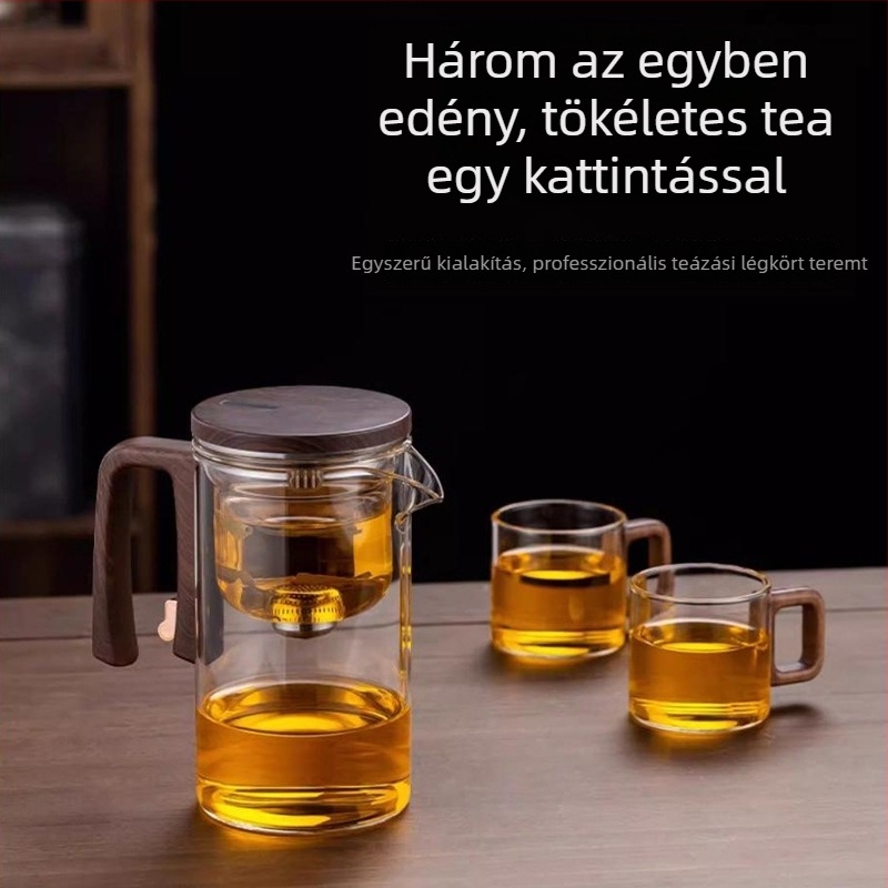 Üvegből készült teáskészlet, tea–víz elválasztással, mágneses szűrő és egyszerű használat