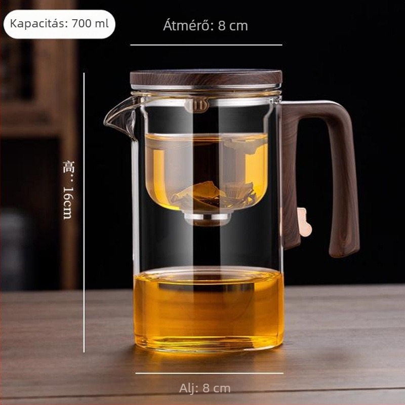Üvegből készült teáskészlet, tea–víz elválasztással, mágneses szűrő és egyszerű használat