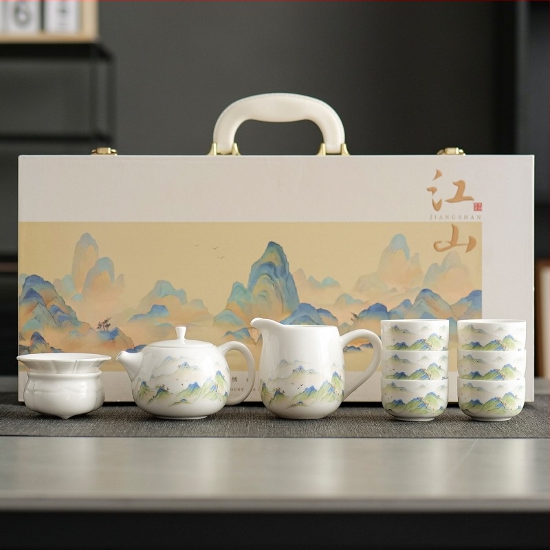 Jáde porcelán tea set háztartási használatra, teáskanna és teáscsészék, 2025-ös új modell, ajándékdoboz időseknek, szuvenír ajándék