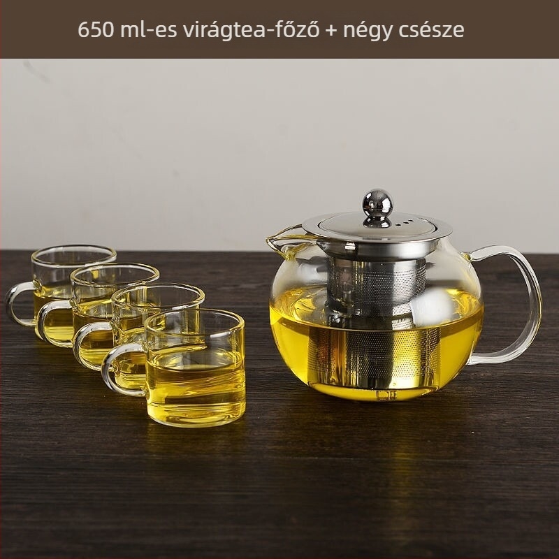 Tea- és vízszétválasztású teáskanna, nagy kapacitású üveg teáskanna, rozsdamentes acél szűrő, hőálló csésze, teáskészlet
