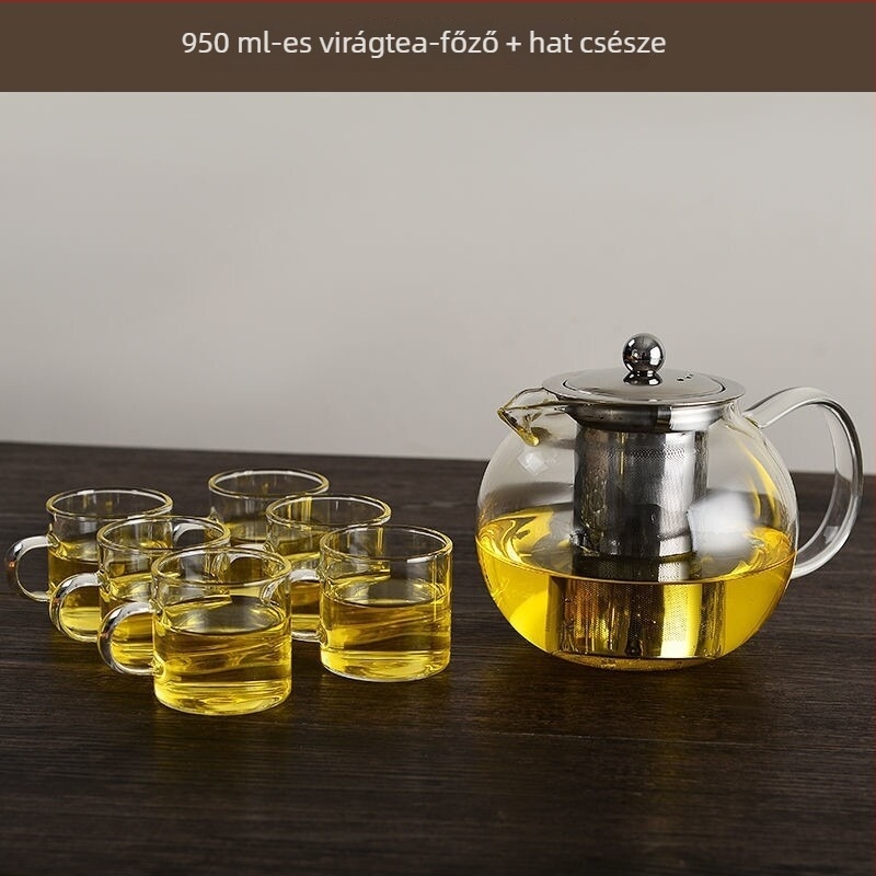 Tea- és vízszétválasztású teáskanna, nagy kapacitású üveg teáskanna, rozsdamentes acél szűrő, hőálló csésze, teáskészlet