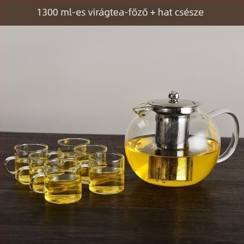 Tea- és vízszétválasztású teáskanna, nagy kapacitású üveg teáskanna, rozsdamentes acél szűrő, hőálló csésze, teáskészlet
