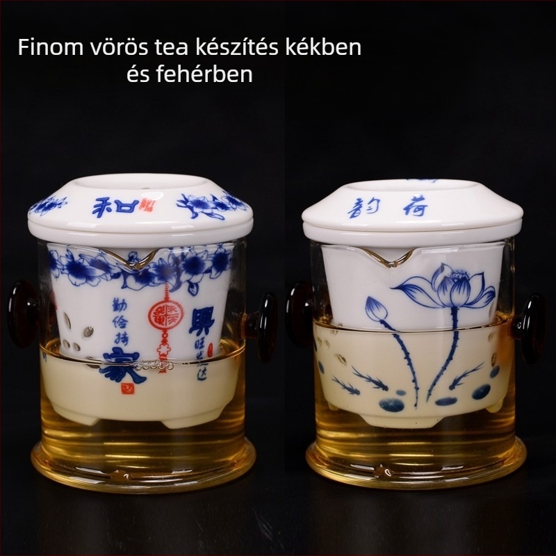 Hőálló üveges teáskanna kerámiaszűrővel, kék-fehér porcelán teáscsésze, Kung Fu teás készlet