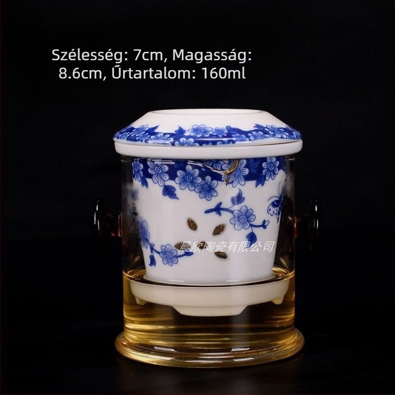 Hőálló üveges teáskanna kerámiaszűrővel, kék-fehér porcelán teáscsésze, Kung Fu teás készlet