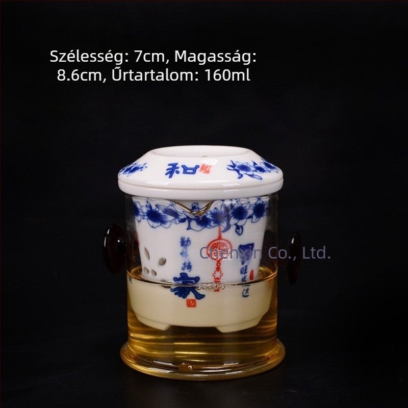 Hőálló üveges teáskanna kerámiaszűrővel, kék-fehér porcelán teáscsésze, Kung Fu teás készlet