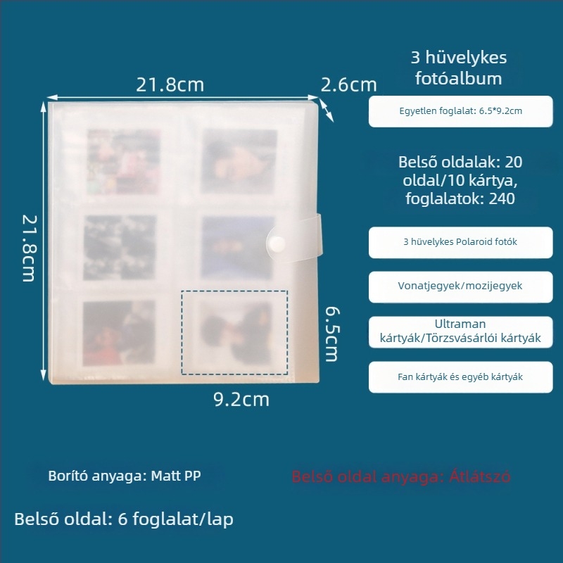 3 hüvelykes négyrácsos kártyaalbum PP borítóval, gomba alakú zár, kártya- és fénykép-tartó, 20 oldal