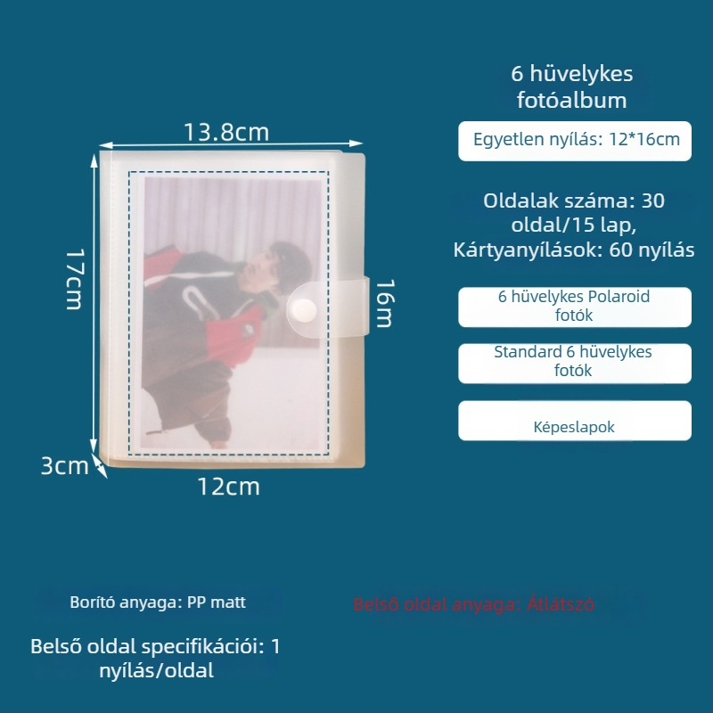 3 hüvelykes négyrácsos kártyaalbum PP borítóval, gomba alakú zár, kártya- és fénykép-tartó, 20 oldal