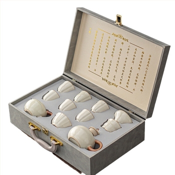 Beige Ruyao porcelán teáskészlet emelő fogantyúval, Gongfu teás készlet, luxus teáskészlet 6 személyre