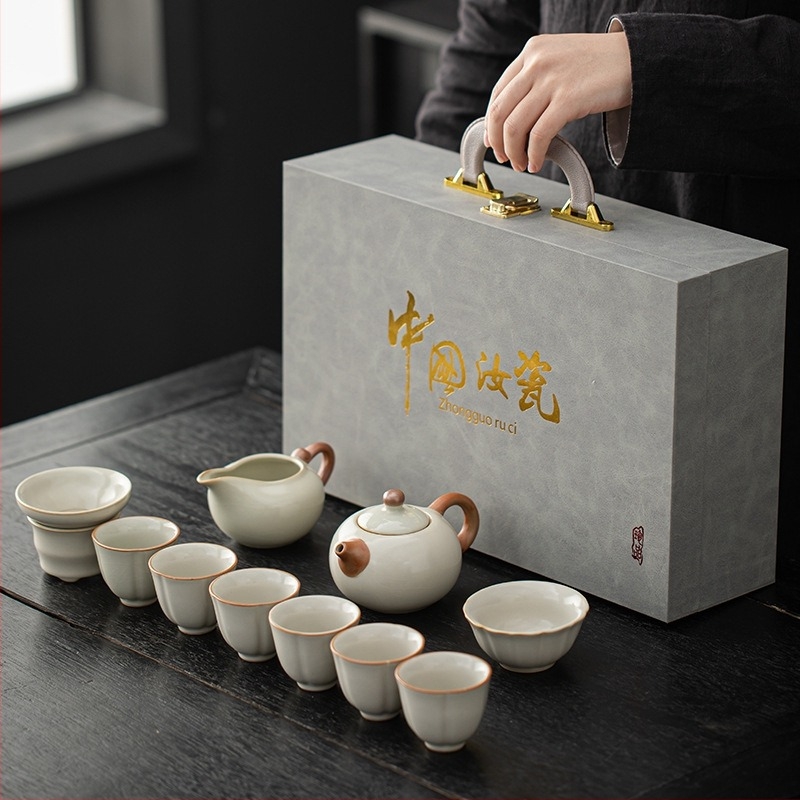 Beige Ruyao porcelán teáskészlet emelő fogantyúval, Gongfu teás készlet, luxus teáskészlet 6 személyre