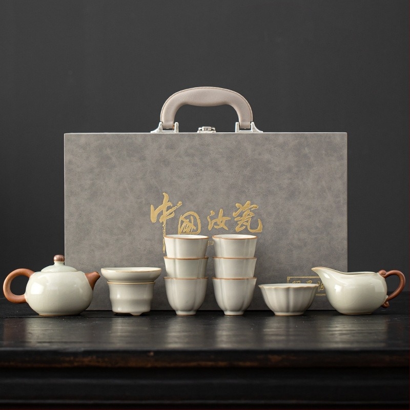 Beige Ruyao porcelán teáskészlet emelő fogantyúval, Gongfu teás készlet, luxus teáskészlet 6 személyre