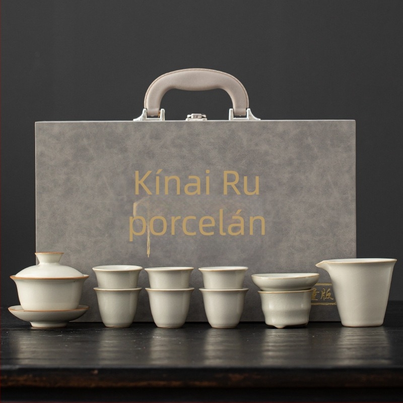 Beige Ruyao porcelán teáskészlet emelő fogantyúval, Gongfu teás készlet, luxus teáskészlet 6 személyre