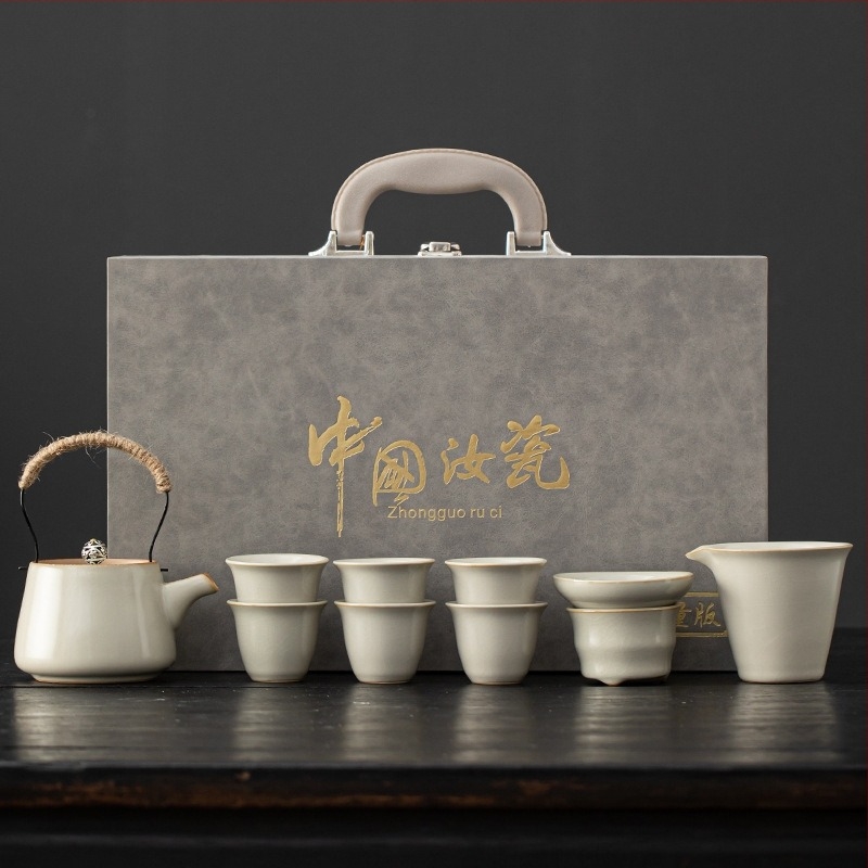 Beige Ruyao porcelán teáskészlet emelő fogantyúval, Gongfu teás készlet, luxus teáskészlet 6 személyre