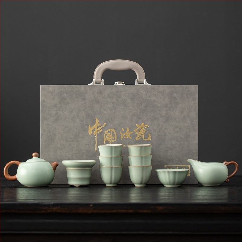 Beige Ruyao porcelán teáskészlet emelő fogantyúval, Gongfu teás készlet, luxus teáskészlet 6 személyre