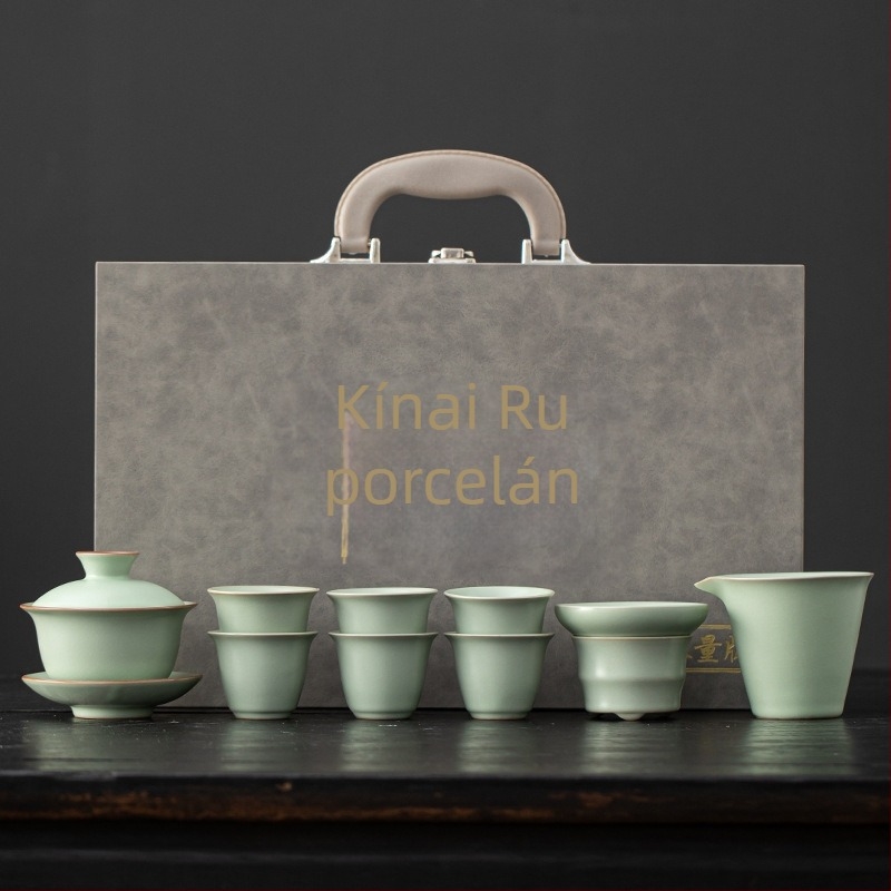 Beige Ruyao porcelán teáskészlet emelő fogantyúval, Gongfu teás készlet, luxus teáskészlet 6 személyre