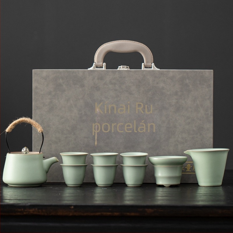 Beige Ruyao porcelán teáskészlet emelő fogantyúval, Gongfu teás készlet, luxus teáskészlet 6 személyre