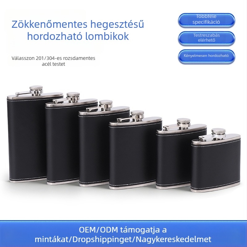 Bőrrel bevont rozsdamentes acél italflakon, 5-9 oz, hordozható, lapos dizájn