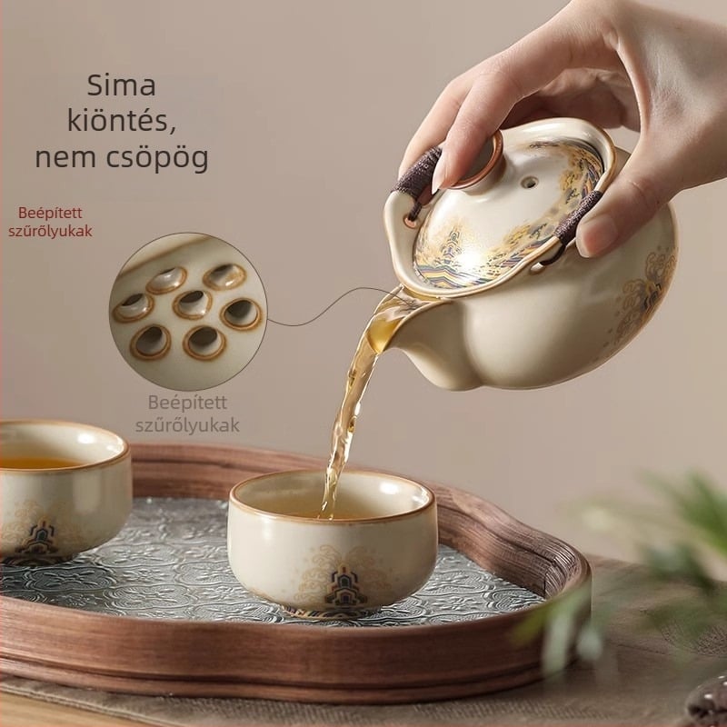Ru Kiln teáskészlet teáskannával és két csészével, kerámia, Ice Crack máz, ajándék doboz, modern letisztult stílus, 1–2 személyre