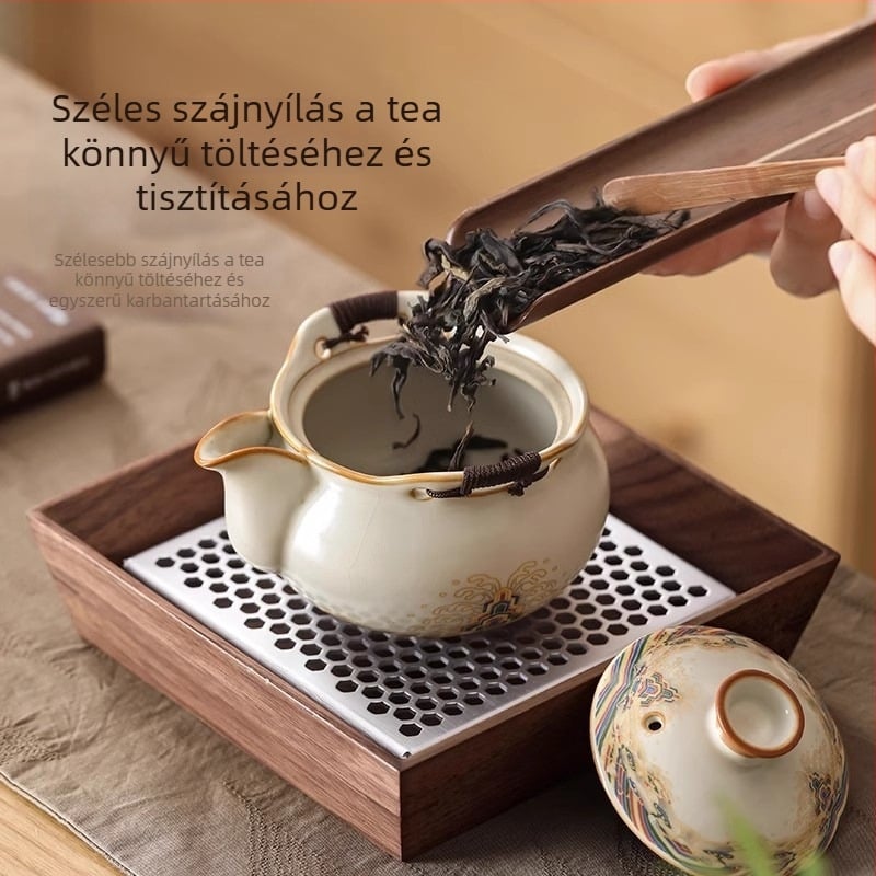 Ru Kiln teáskészlet teáskannával és két csészével, kerámia, Ice Crack máz, ajándék doboz, modern letisztult stílus, 1–2 személyre