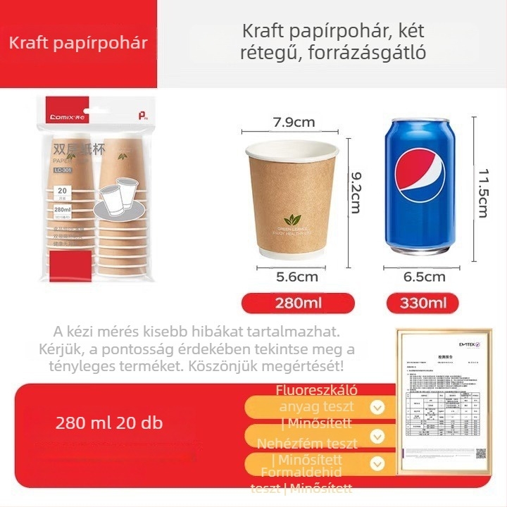Qixin egyszer használatos szigetelt, vastagított papírpohár dupla falú kialakítással kávéhoz vagy teához, 201–300 ml, mikrohullámú sütőben használható