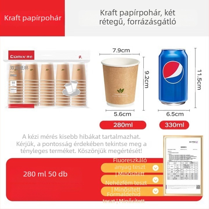 Qixin egyszer használatos szigetelt, vastagított papírpohár dupla falú kialakítással kávéhoz vagy teához, 201–300 ml, mikrohullámú sütőben használható