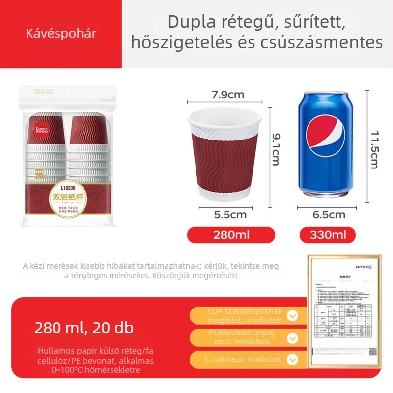 Qixin egyszer használatos szigetelt, vastagított papírpohár dupla falú kialakítással kávéhoz vagy teához, 201–300 ml, mikrohullámú sütőben használható