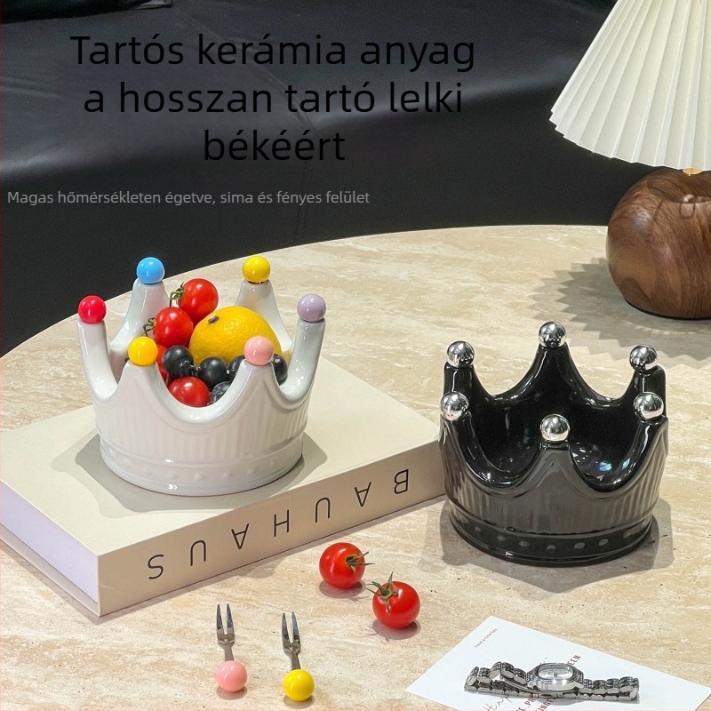 Kerámia koronás gyümölcstál villákkal, modern minimalist stílusú, gyümölcstál a nappaliba és a teázóasztalhoz