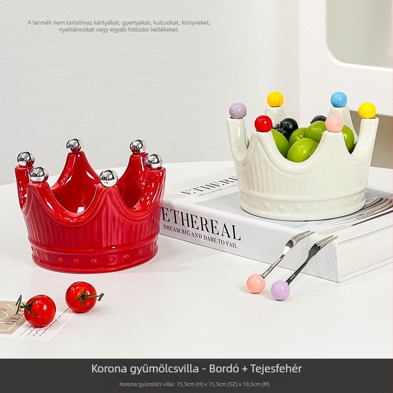 Kerámia koronás gyümölcstál villákkal, modern minimalist stílusú, gyümölcstál a nappaliba és a teázóasztalhoz