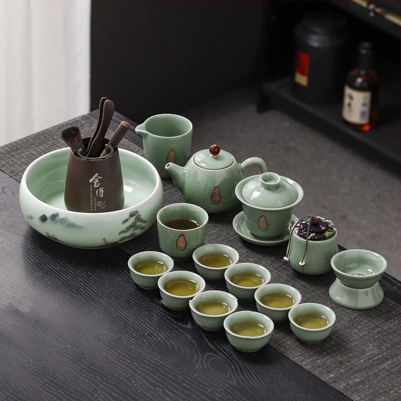 Ge Kiln Crackle-Glaze Kung Fu Tea Set – Magas minőségű porcelán teáskészlet teáskannával és teás tárolóval ajándék dobozban
