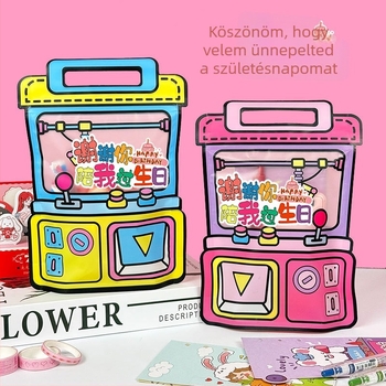 Kedves rajzfilmszereplő témájú ajándéktáska gyerekeknek karmás gép motívummal – nassolnivaló és cukorka csomagolás, ballagási és esküvői ajándék