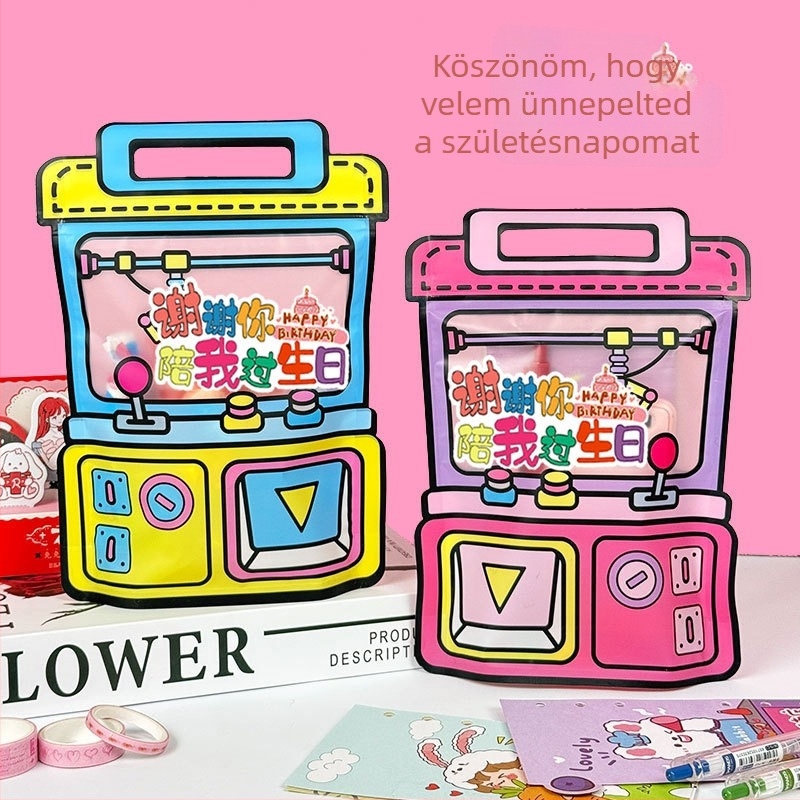 Kedves rajzfilmszereplő témájú ajándéktáska gyerekeknek karmás gép motívummal – nassolnivaló és cukorka csomagolás, ballagási és esküvői ajándék