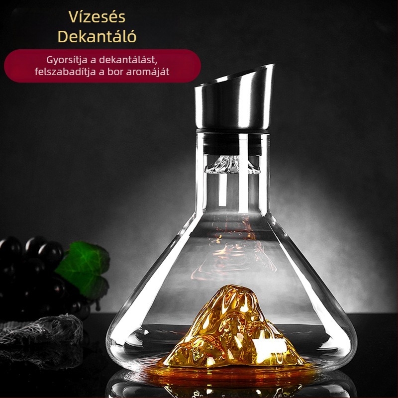 Vízesés-stílusú boros dekantőr fedővel, ólommentes üveg