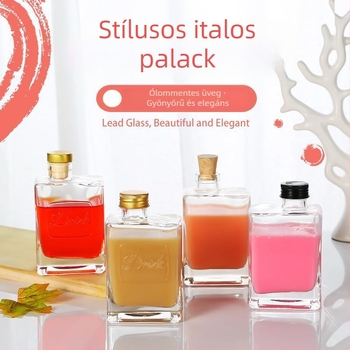 Négyzet alakú üveg italokhoz, 280 ml – átlátszó, lapos dizájnú üveg gyümölcsléhez, tejteához és egyéb italokhoz, csavaros kupakkal (ezüst/fekete/arany)