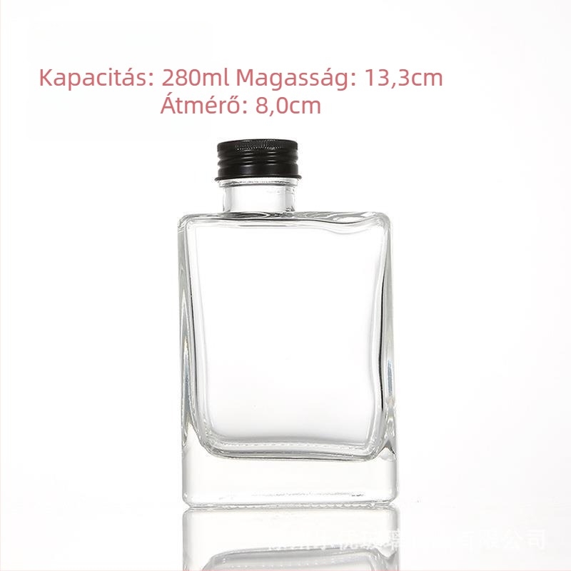 Négyzet alakú üveg italokhoz, 280 ml – átlátszó, lapos dizájnú üveg gyümölcsléhez, tejteához és egyéb italokhoz, csavaros kupakkal (ezüst/fekete/arany)