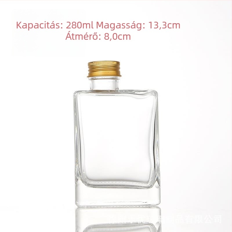Négyzet alakú üveg italokhoz, 280 ml – átlátszó, lapos dizájnú üveg gyümölcsléhez, tejteához és egyéb italokhoz, csavaros kupakkal (ezüst/fekete/arany)