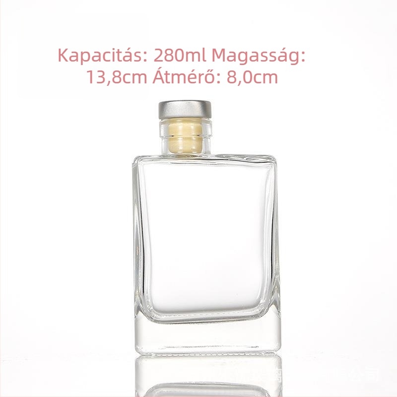 Négyzet alakú üveg italokhoz, 280 ml – átlátszó, lapos dizájnú üveg gyümölcsléhez, tejteához és egyéb italokhoz, csavaros kupakkal (ezüst/fekete/arany)