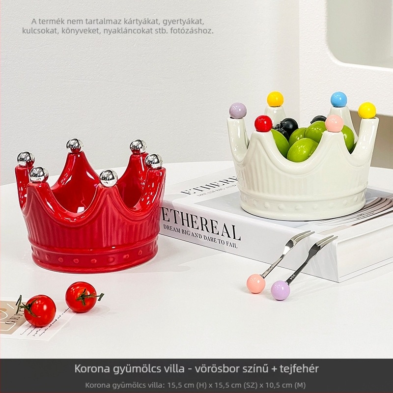Kerámia gyümölcstál koronával és gyümölcsvillával, influencer-stílusú, elegáns gyümölcstál a nappaliba