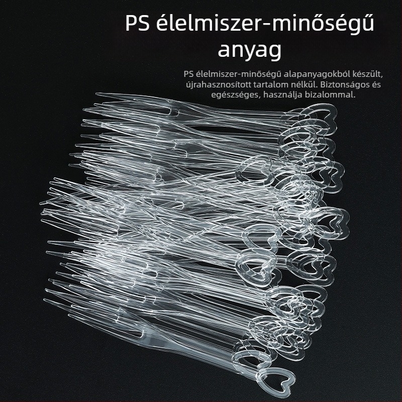 Egyszer használatos gyümölcsvillák, egyedi csomagolásban, átlátszó műanyag desszerthasználati eszközökkel torta- és gyümölcs szúrókkal