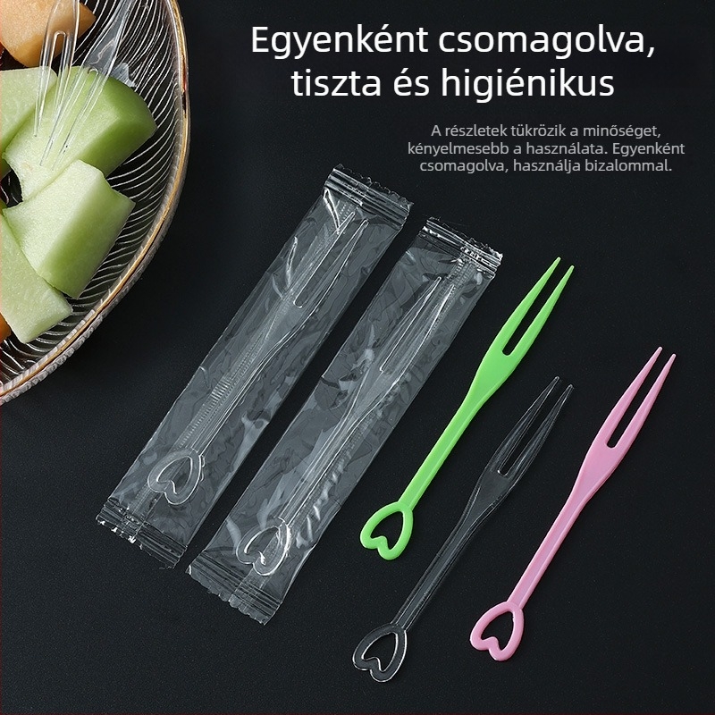Egyszer használatos gyümölcsvillák, egyedi csomagolásban, átlátszó műanyag desszerthasználati eszközökkel torta- és gyümölcs szúrókkal