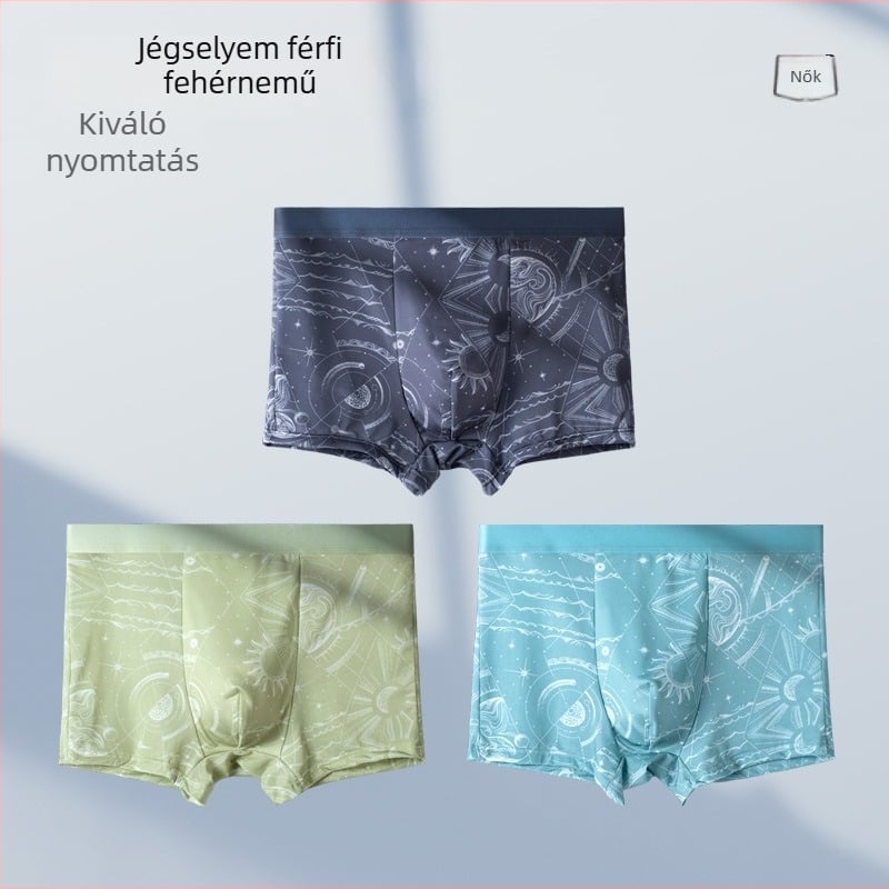 Férfi nyári boxeralsó jégselyem-szerű anyagból, lélegző és vékony, középmagas derékú, rombusz és táj mintázattal