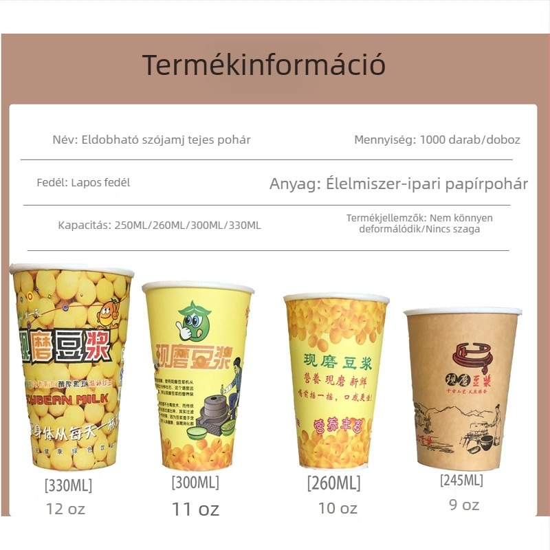 Egyszer használatos papírcsésze szója tejhez, fedővel és szívószállal, 245–330 ml, 9 oz / 12 oz