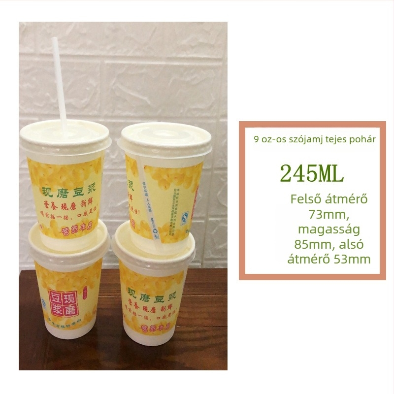 Egyszer használatos papírcsésze szója tejhez, fedővel és szívószállal, 245–330 ml, 9 oz / 12 oz