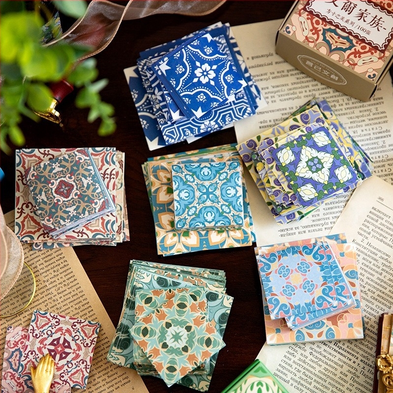 Retro virágos csempe matricák dobozos készlet - Square Beauty sorozat, jegyzetekhez és naplódekorációhoz, 6 stílus.