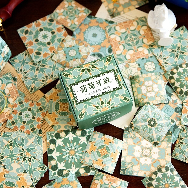 Retro virágos csempe matricák dobozos készlet - Square Beauty sorozat, jegyzetekhez és naplódekorációhoz, 6 stílus.