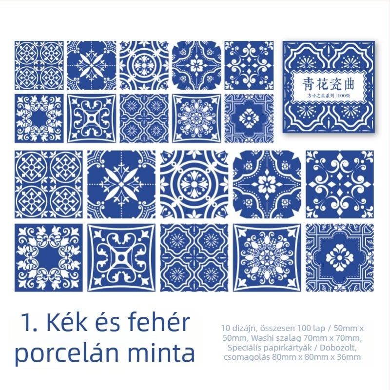 Retro virágos csempe matricák dobozos készlet - Square Beauty sorozat, jegyzetekhez és naplódekorációhoz, 6 stílus.